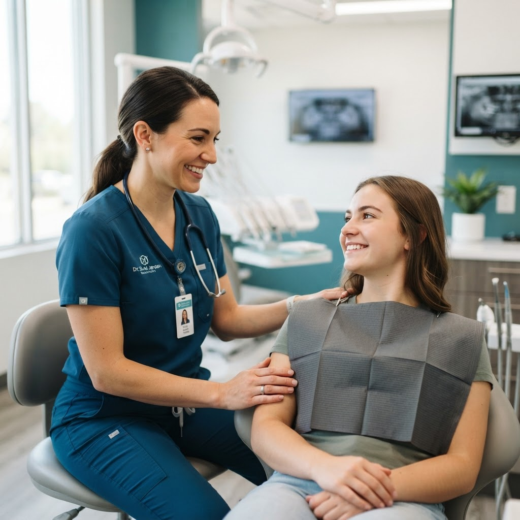 En tandläkare på Shine Dental som lugnar en patient